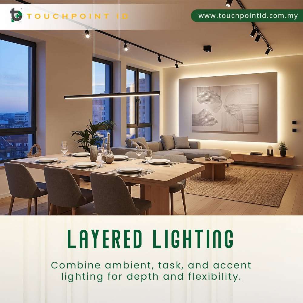 Layered lighting with ambient, task and accent lighting in a modern home interior